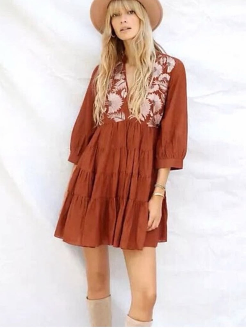 Rust Tiered Mini Dress with White Embroidered Yoke